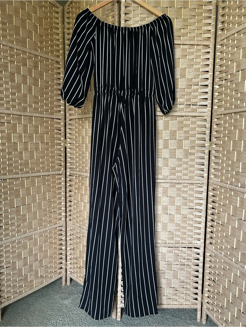 Haute Monde Black & White Striped Off-Shoulder Jumpsuit